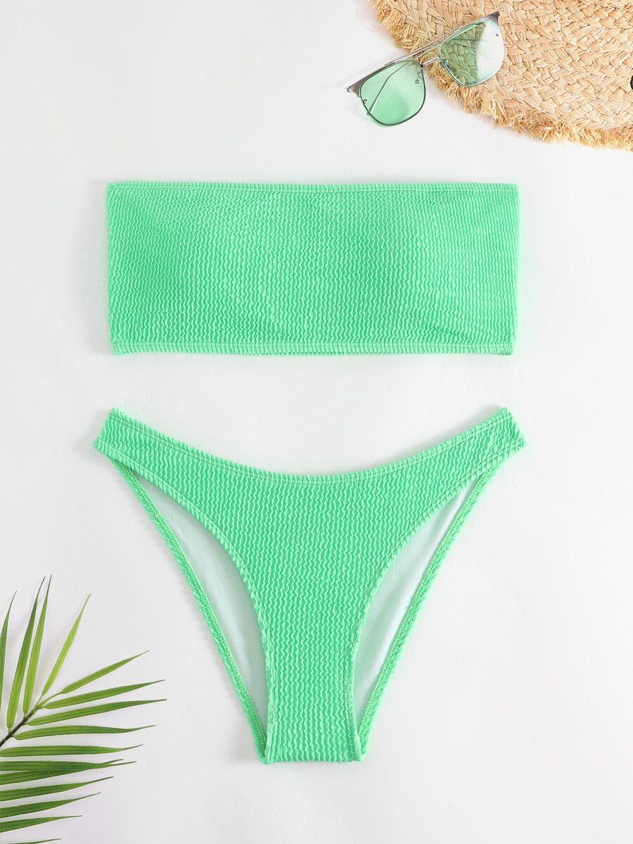 素色打褶比基尼泳裝 - 綠色 - 查看 1