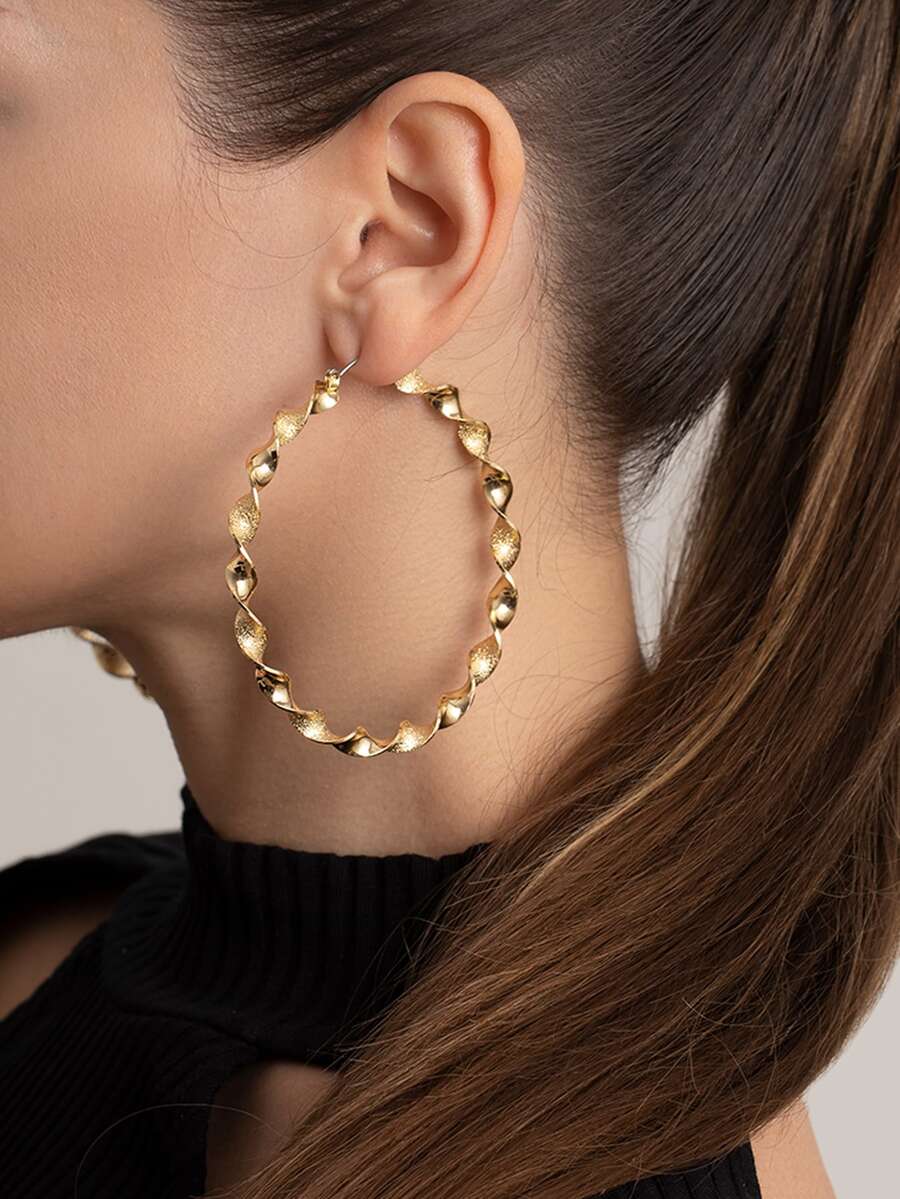 1 对时尚个性化夸张哑光和光泽扭曲花朵大圈耳环，适合女士、休闲或派对 - 金黃色 - 查看 1