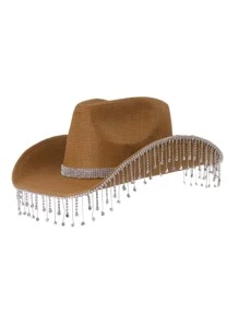 1pc Cowgirl Hat With Rhinestones & Tassels, Light Brown, For Party & Stage Performance - Chocolate Brown - View 2