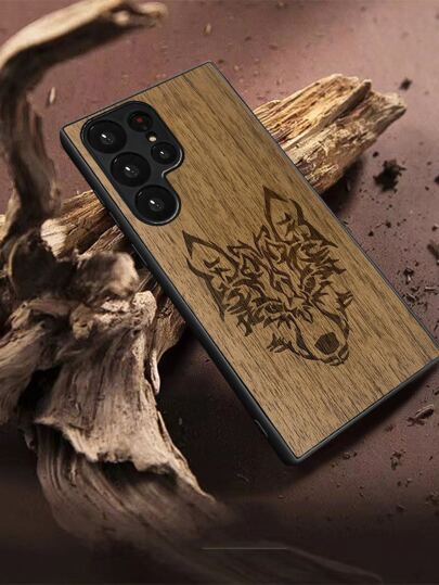 1pc Wooden Phone Case With Wolf Head Design, Compatible With Apple, Phones, Made Of Rosewood & Walnut,International Version, Not The Domestic Version