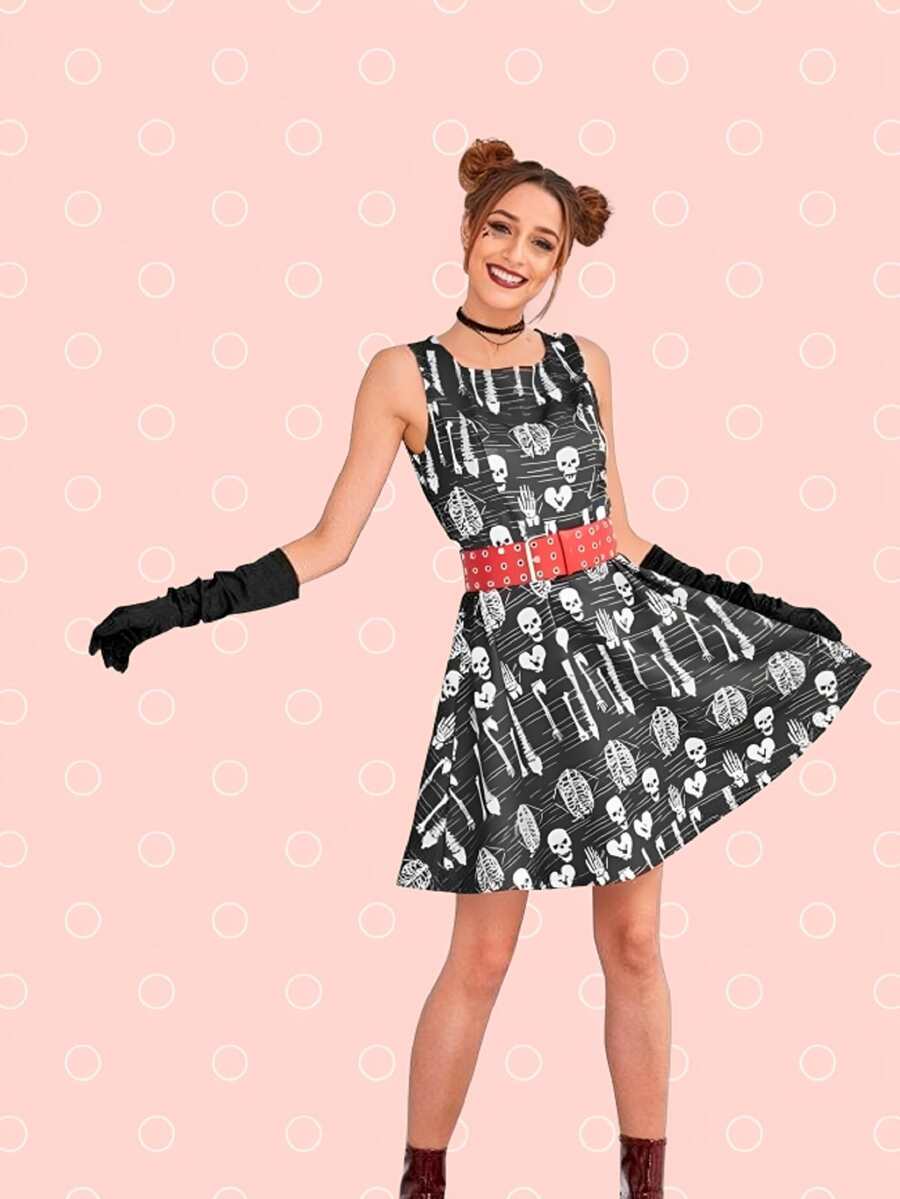 Vestido Esqueleto Huesos Craneos Mini - Gris - Ver 1