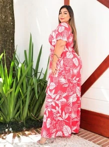 Vestido Feminino Plus Size 3 Maria Manga Bufante Estampas Floral Tecido Viscolinho Vestido Longo Vestido Evangelico - Vermelho - Visão 3