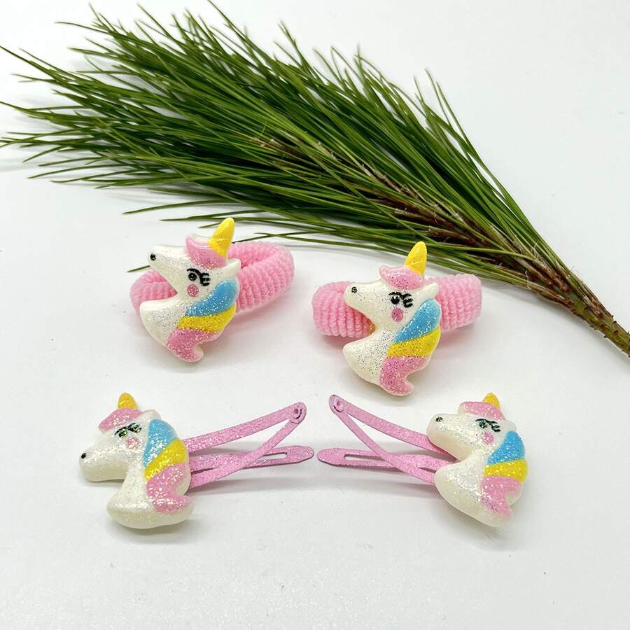 4入組女士獨角獸和蝴蝶結裝飾可愛髮夾和髮圈適用於頭髮裝飾用品 - 粉色 - 查看 1