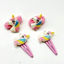 4入組女士獨角獸和蝴蝶結裝飾可愛髮夾和髮圈適用於頭髮裝飾用品 - 粉色 - 查看 2