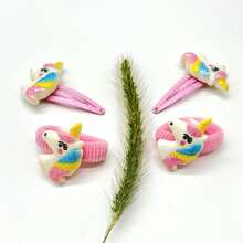 4入組女士獨角獸和蝴蝶結裝飾可愛髮夾和髮圈適用於頭髮裝飾用品 - 粉色 - 查看 3