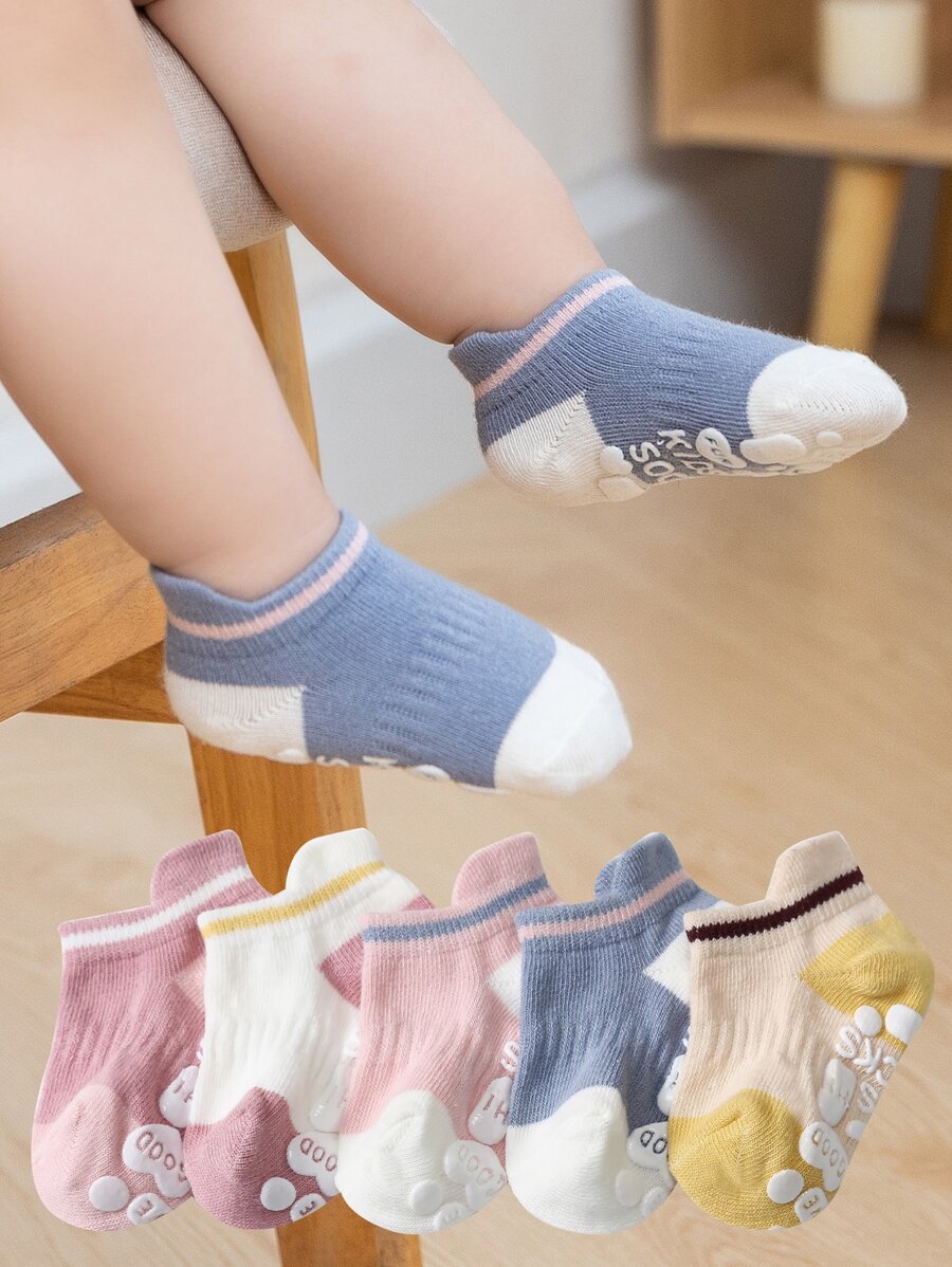 5雙裝嬰幼兒中性防滑襪子，帶字母設計，鞋跟帶，舒適適合日常穿著 - 彩色 - 查看 1