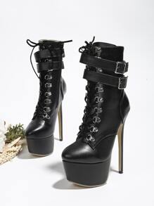 2024 Classic Lace-Up 16cm High-Heeled Ankle Boots For Women, Comfortable Fit - Black - View 4