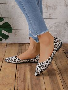 Leopard Print Pointed Toe Flat Shoes For Spring And Summer, Low Vamp Versatile Boat Shoes With Soft Soles - Multicolor - View 3