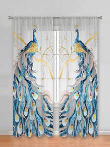 2入組紗布窗簾孔雀元素簡約風和多用途質感紋理精美和優雅休閒風格優雅 - 彩色 - 查看 1