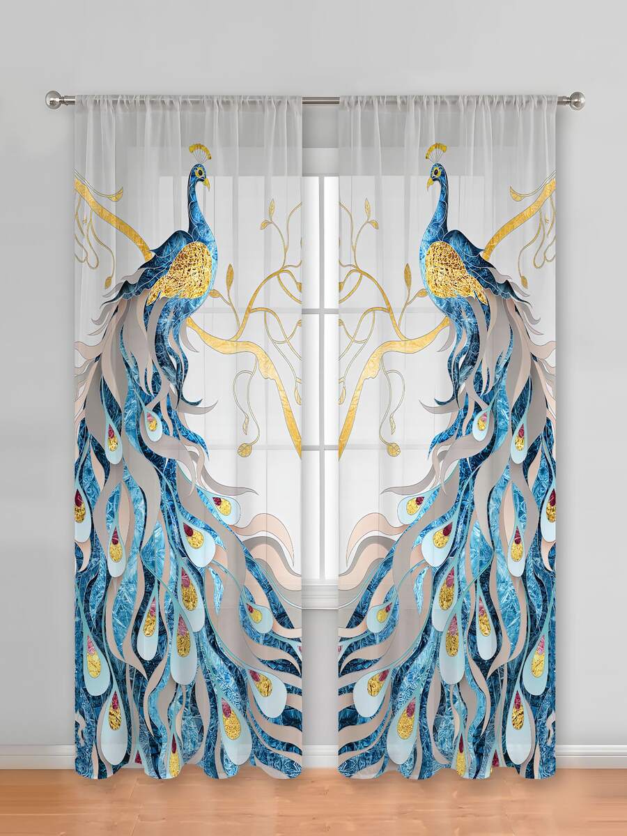2入組紗布窗簾孔雀元素簡約風和多用途質感紋理精美和優雅休閒風格優雅 - 彩色 - 查看 1