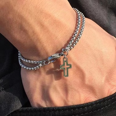 1pc Latest European & American Style Cross Shaped Hollow Out Double-layered Titanium Steel Men's Bracelet With Crisscross Chains