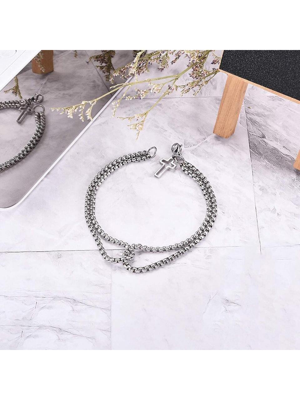 1pc Latest European & American Style Cross Shaped Hollow Out Double-layered Titanium Steel Men's Bracelet With Crisscross Chains