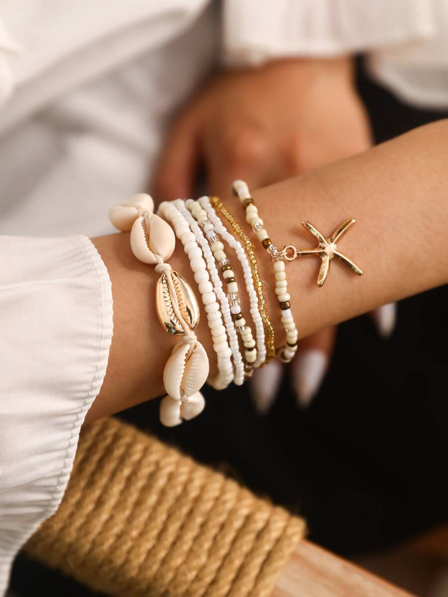 7 piezas/set estilo bohemio con concha Set pulsera , moda Bisutería - Blanco - Ver 1