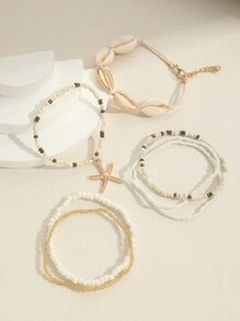 7 piezas/set estilo bohemio con concha Set pulsera , moda Bisutería - Blanco - Ver 4