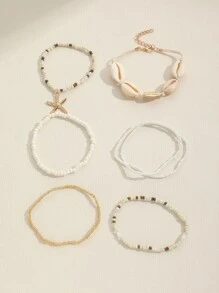 7 piezas/set estilo bohemio con concha Set pulsera , moda Bisutería - Blanco - Ver 2