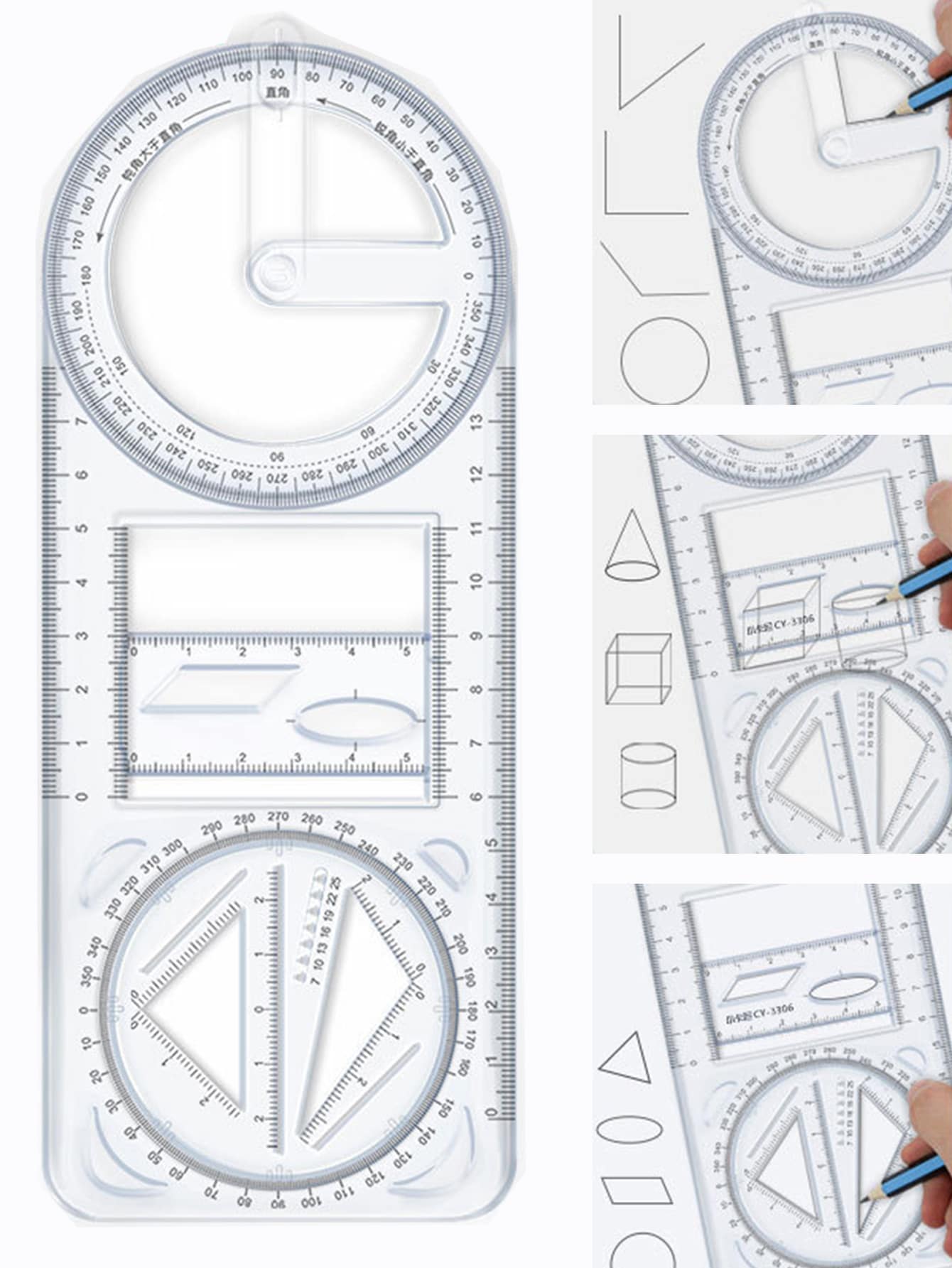 1 pieza Regla multifuncional con función geométrica gráfica, rotatoria, universal para estudiantes, herramienta de dibujo, plantilla de copia a mano, regla de dibujo, regla triangular - transparente - Ver 1