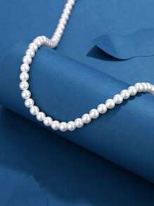 1條男士時尚手工串珠仿真珍珠項鍊,適用於婚禮宴會場合佩戴 - 白色 - 查看 3
