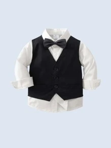 3 件套男婴绅士服装套装：长袖衬衫配领结、背心和裤子，时尚优雅，适合生日派对、正式活动、婚礼 - 黑與白 - 查看 4