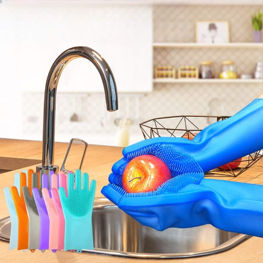 Reusable Dishwashing Gloves With Bristles For Scouring - Silicone Dishwashing Gloves, Dish Cleaning Gloves For Men And Women - 綠色 - 查看 1