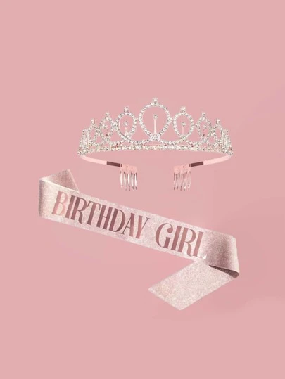 1 set rosa "födelsedagsflicka" axelrem strass krona pannband set, festtillbehör tillbaka till skolan alla hjärtans dag