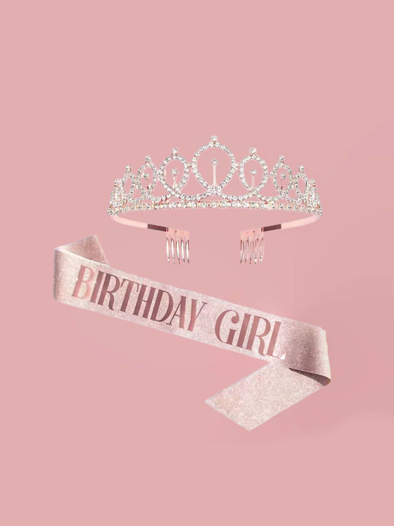 1set Pink 'birthday Girl' Shoulder Strap Rhinestone Crown Headband Set, Party Accessory Back To School Valentine Day