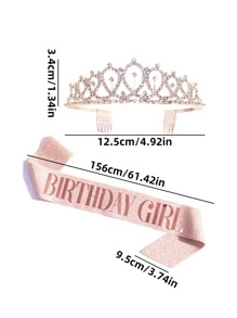 1set Pink 'birthday Girl' Shoulder Strap Rhinestone Crown Headband Set, Party Accessory Back To School Valentine Day