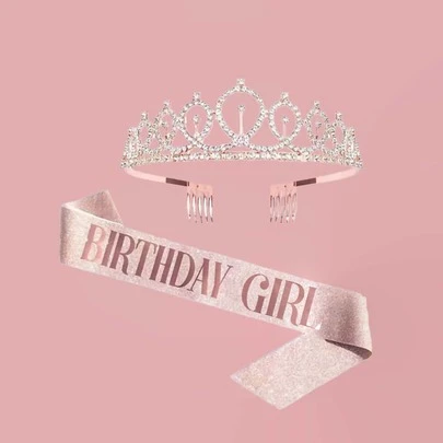 1 set Corona con cristales y diadema con tirantes para el hombro color rosa "cumpleañera", accesorio para fiesta, vuelta al colegio, Día de San Valentín