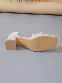 Sandales à talons épais style vintage pour femmes avec bout carré, fausses perles et brides à la cheville, pour le printemps/été - Beige - Voir 7