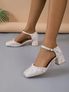 Sandales à talons épais style vintage pour femmes avec bout carré, fausses perles et brides à la cheville, pour le printemps/été - Beige - Voir 3