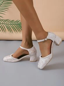 Sandales à talons épais style vintage pour femmes avec bout carré, fausses perles et brides à la cheville, pour le printemps/été - Beige - Voir 4