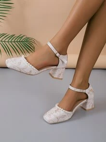 Sandales à talons épais style vintage pour femmes avec bout carré, fausses perles et brides à la cheville, pour le printemps/été - Beige - Voir 2