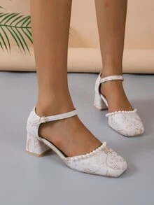 Sandales à talons épais style vintage pour femmes avec bout carré, fausses perles et brides à la cheville, pour le printemps/été - Beige - Voir 5