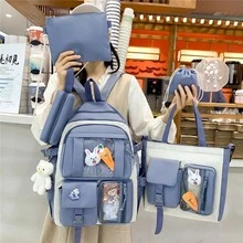 Mochila coreana de 5 piezas con pines de zanahoria y conejo - Azul - Ver 2