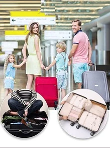 加厚版 7 件套打包袋行李打包收纳袋旅行配件米色旅行收纳袋衣服行李收纳袋套装包装袋邮轮假期海滩度假用品夏季旅行必备女士手提箱内衣袋房间装饰 - 米色 - 查看 10