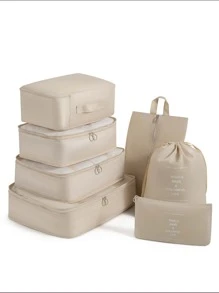 加厚版 7 件套打包袋行李打包收纳袋旅行配件米色旅行收纳袋衣服行李收纳袋套装包装袋邮轮假期海滩度假用品夏季旅行必备女士手提箱内衣袋房间装饰 - 米色 - 查看 4