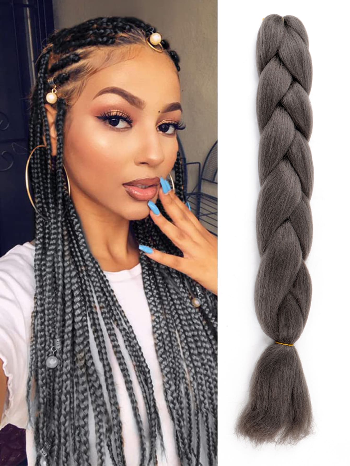 1 pieza de cabello trenzado sintético Ombre de color gris oscuro, fibra Kanekalon resistente al calor para trenzas de ganchillo (1 pieza, 24") - Gris Oscuro - Ver 1