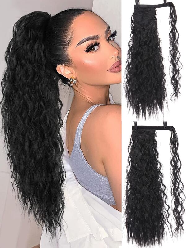 قطعة واحدة أسود ذيل حصان الشعر شعر مستعار للنساء مع قصير متموج شعر , نطاط , حقيقي و درجة حرارة عالية مقاومة باروكة