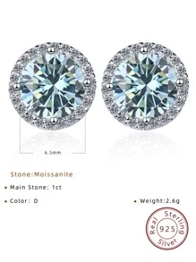 1 對 / 2 件 S925 銀圓形耳環，鑲嵌正品 1 克拉 D 顏色，Vvs 淨度莫桑石和 1 克拉彩色莫桑石，時尚中性耳飾，帶鑽石測試儀 - 藍色 - 查看 6