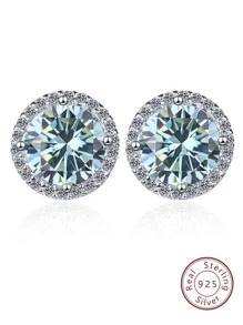 1 對 / 2 件 S925 銀圓形耳環，鑲嵌正品 1 克拉 D 顏色，Vvs 淨度莫桑石和 1 克拉彩色莫桑石，時尚中性耳飾，帶鑽石測試儀 - 藍色 - 查看 1