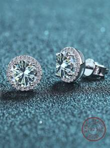 1 對 / 2 件 S925 銀圓形耳環，鑲嵌正品 1 克拉 D 顏色，Vvs 淨度莫桑石和 1 克拉彩色莫桑石，時尚中性耳飾，帶鑽石測試儀 - 藍色 - 查看 5