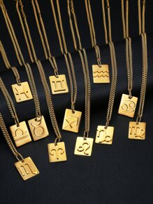 1入組時尚12星座細節方形吊墜項鏈女士日常通勤首飾類 - 金黃色 - 查看 1