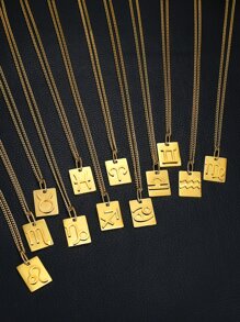 1入組時尚12星座細節方形吊墜項鏈女士日常通勤首飾類 - 金黃色 - 查看 3
