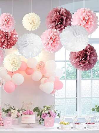 8pcs Paper Party Decoration Set For Bridal Baby Birthday Wedding, Including Pom Poms, Paper Fans And Lanterns In White, Beige And Pink, Suitable For Baby Shower, Wedding, Birthday, Party Decorations,Christmas