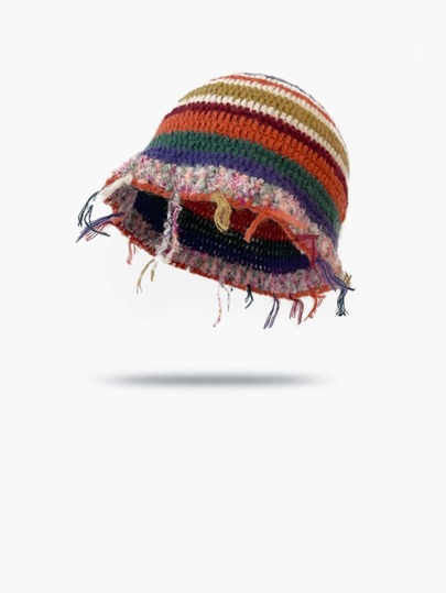One Y2K Rainbow Patchwork Tassel Striped Knit Hat, Seasonless Versatile Atmosphere Ins Handmade Crocheted Knitted Fisherman's Hat, Bow, Sweet Hollow And Thin Sunhat