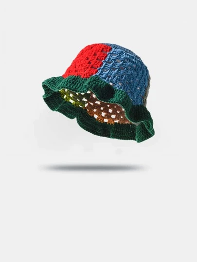1 pieza Sombrero de cubo de mujer tejido de multicolor y parches florales, sombrero de cubo de color contrastante hecho a mano, sombreros tejidos casuales para cabezas pequeñas para damas