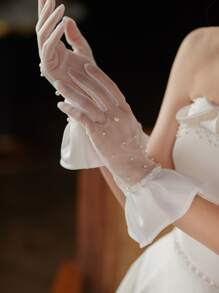 时尚优雅短袖镂空蕾丝新娘手套，饰以仿珍珠，秋季配饰，情人节配饰 - 米色 - 查看 3