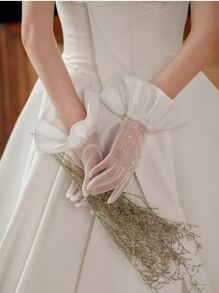 时尚优雅短袖镂空蕾丝新娘手套，饰以仿珍珠，秋季配饰，情人节配饰 - 米色 - 查看 2