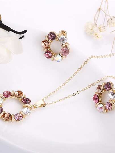 1set Colorful Gem Inlaid Necklace & Pendant And Earrings Set