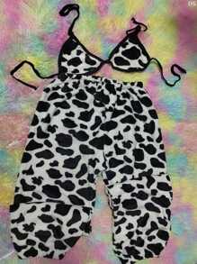 Top And Jogger One Size TEddy Flannel Cow One Size Or Large - Black and White - View 5