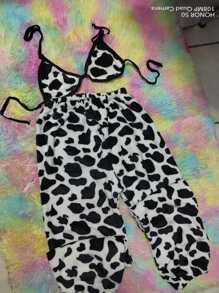 Top And Jogger One Size TEddy Flannel Cow One Size Or Large - Black and White - View 4